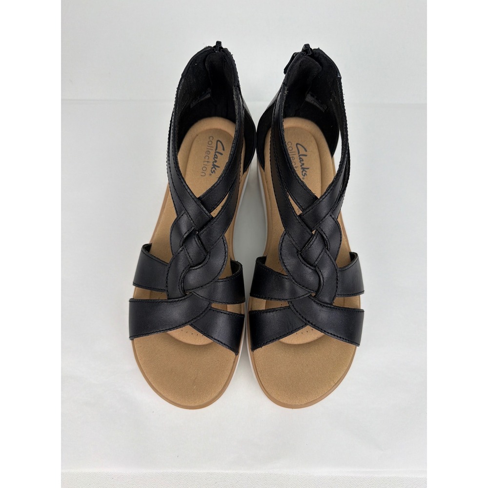 NEW Clarks Jillian Bright Sandals 8W Black Leather Braided Wedge Platform
